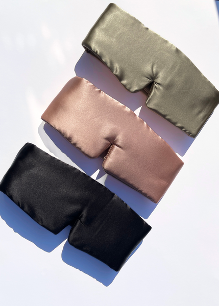 Three adjustable silk masks in black, brown, and green on a white backgroud