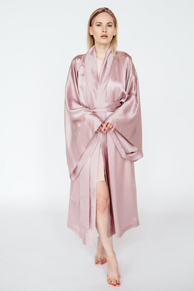 100% Mulberry Silk Kimono Robe – Handmade Luxury | One Size Fits Most/ Mauve pink